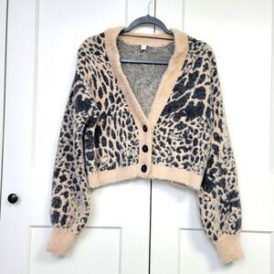 Bar III pink leopard spot fuzzy button down sweater, large